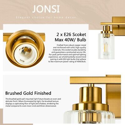 Jonsi Gold Bathroom Light Fixtures, 2 Light Brushed Gold Bathroom Vanity Ligh...