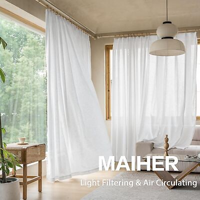 MAIHER Beige White Faux Linen Double Pinch Pleated Curtains 108 Inch Length, ...