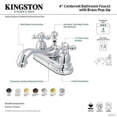 Kingston Brass KS3606AX Restoration 4" Centerset Bathroom Faucet, Polished Ni...