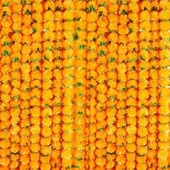 Zeyune 50 Pcs 5 Feet Marigold Garland with Green Leaves Orange Artificial Mar...