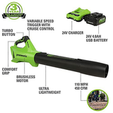 Greenworks 24V (110 MPH / 450 CFM / 125+ Brushless Blower (4.0Ah), Green