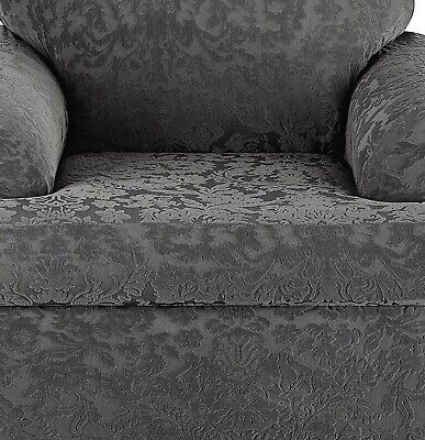 SureFit Stretch Jacquard Damask 2 Piece T Cushion Loveseat Slipcover in Gray