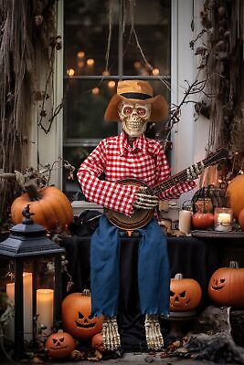 39" Fall Banjo Playing Skeletons - Animated Scarecrow Thanksgiving Decoration...