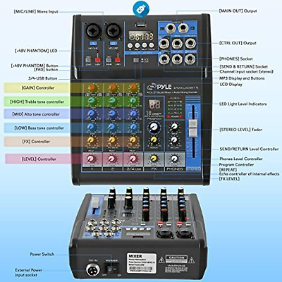 Pyle Professional Audio Mixer Sound Board Console System Interface 4 Channel...