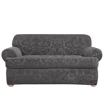 SureFit Stretch Jacquard Damask 2 Piece T Cushion Loveseat Slipcover in Gray