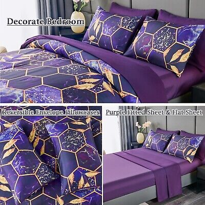 ZRNBAST 7 PC Hexagon Purple Queen Bed in A Bag Women Men Honeycomb Geometric ...