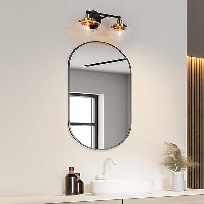 2 Light Bathroom Vanity Light, Black and Gold Vanity Light with Seeded Glass ...