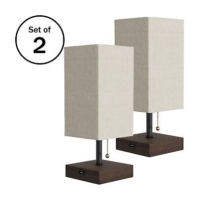 Lavish Home Small Table Lamp Set with Wood Base &#8211; Set of 2 Modern Rectangl