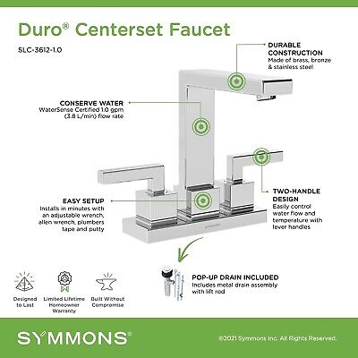 Symmons SLC-3612-1.0 Duro 4 in. Centerset 2-Handle Bathroom Faucet with Drain...