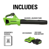 Greenworks 24V (110 MPH / 450 CFM / 125+ Brushless Blower (4.0Ah), Green