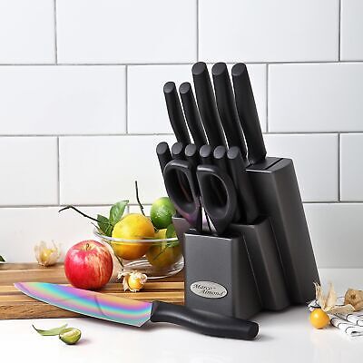 Marco Almond Knife Set with Block, 14 Piece Rainbow Titanium Knife Block Set,...