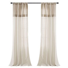 Lush Decor Farmhouse Faux Linen Colorblock Pleated Window Curtain Panel (Sing...