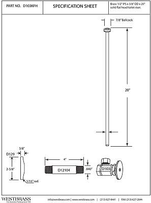 Westbrass Flat Head Toilet Kit with Round Handles, 1/2" IPS x 3/8" OD x 20", ...