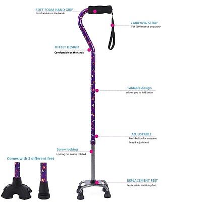 Walking Cane for Women & Men, Folding Offset Quad Cane with 4 Pronged Base fo...