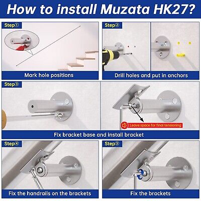 Muzata 5Ft Pre-drilled Stair Handrail 2" OD Round Brushed Wall Mounted Handra...