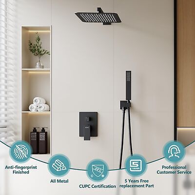 ESNBIA Shower System Black, Bathroom 10 Inches Rain Shower Head with Handheld...