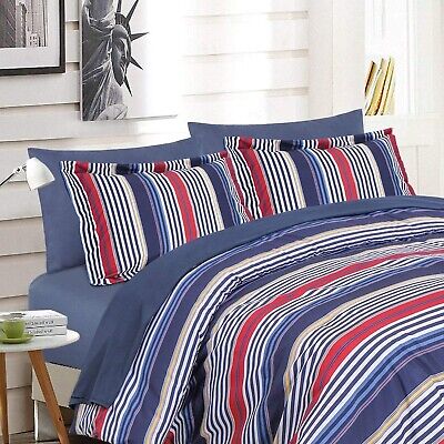 EMME Queen Comforter Set-Bed in A Bag Striped, 7 Piece Navy Red Bedding Sets ...