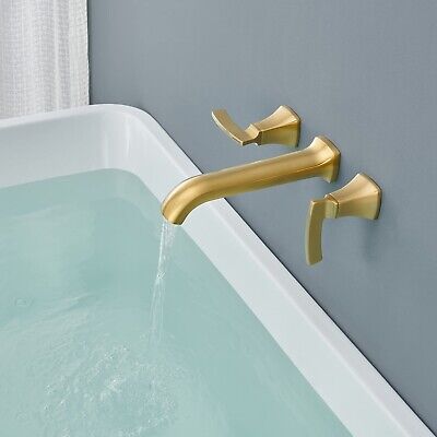 Wall Mount Tub Faucet High Flow Roman Tub Filler Long Spout Reach Brushed Gol...