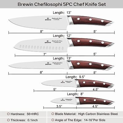 Brewin CHEFILOSOPHI Japanese Chef Knife Set 5 PCS with Elegant Red Pakkawood ...