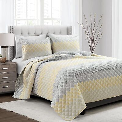 Lush Decor Medallion Ombre 3 Piece Quilt Set, Full/Queen, Yellow & Gray