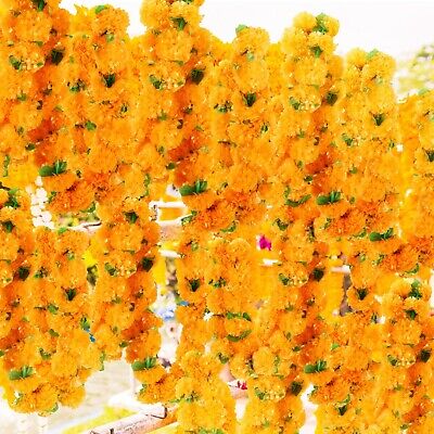 Zeyune 50 Pcs 5 Feet Marigold Garland with Green Leaves Orange Artificial Mar...