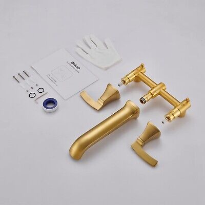 Wall Mount Tub Faucet High Flow Roman Tub Filler Long Spout Reach Brushed Gol...