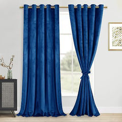 DWCN Extra Wide Velvet Curtains - Blue Blackout Privacy Protect Window Drapes...