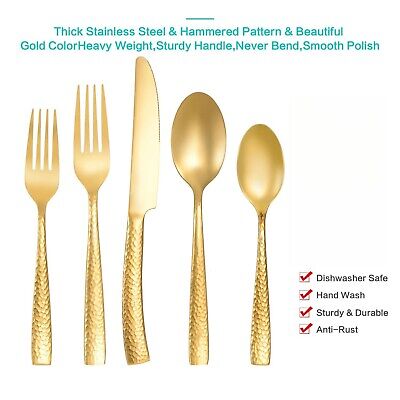 Silverware Set Gold Hammered Pattern Flatware Cutlery Stainless Steel Mirror ...