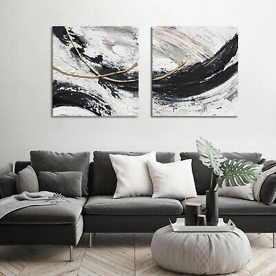 MOUODEWO 100% Hand Painted Black And White Abstract Wall Art, Canvas Wall Bed...