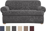 SureFit Stretch Jacquard Damask 2 Piece T Cushion Loveseat Slipcover in Gray