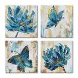 Handmade Blue Butterfly and Flower Wall Art Hand Painted Oil Painting on Canv...