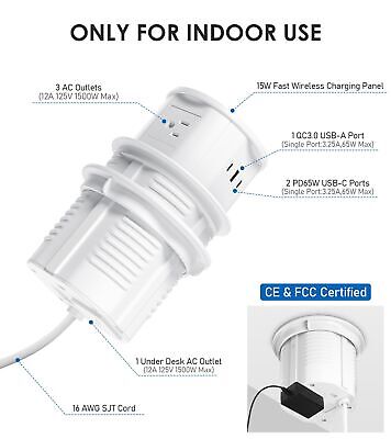 ANNQUAN 4.75" Pop Up Outlet with 65W USB-C,15W Wireless Charger,4 Outlets,3 U...