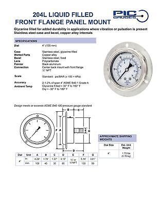 PIC Gauges 204L-404K Front Flanged Panel Mount Glycerine Filled Pressure Gaug...