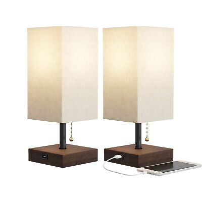 Lavish Home Small Table Lamp Set with Wood Base &#8211; Set of 2 Modern Rectangl