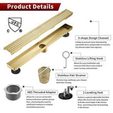 Sharp-tec 28 inch Linear Shower Drain, Gold Rectangular Floor Drain, V-Shape ...