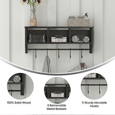 Flash Furniture Daly Wall Mounted Storage Rack - Blackwashed Solid Pine Wood ...