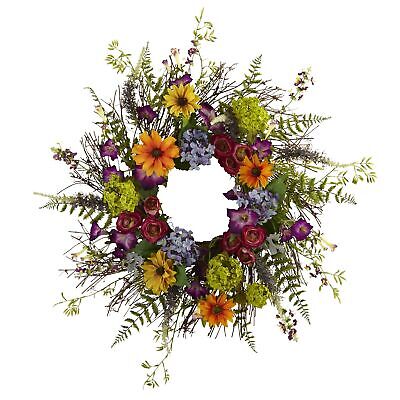 Nearly Natural 24-Inch Spring Garden Wreath with Twig Base, Multicolored/Green