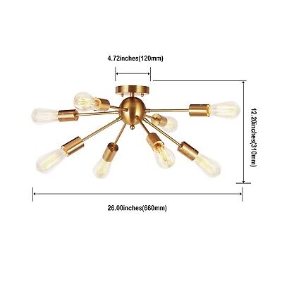 VINLUZ 8-Light Sputnik Chandelier Brushed Brass Semi Flush Mount Ceiling Ligh...