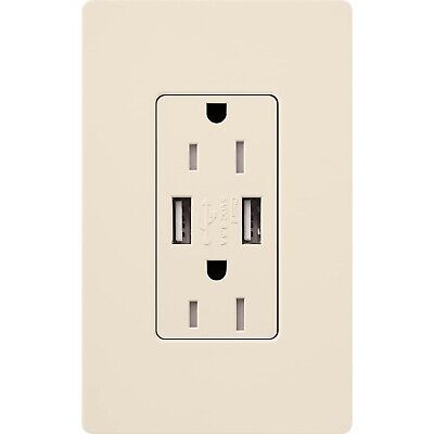 Lutron Claro 15 Amp USB Duplex Outlet | CAR-15-UBTR-LA | Light Almond