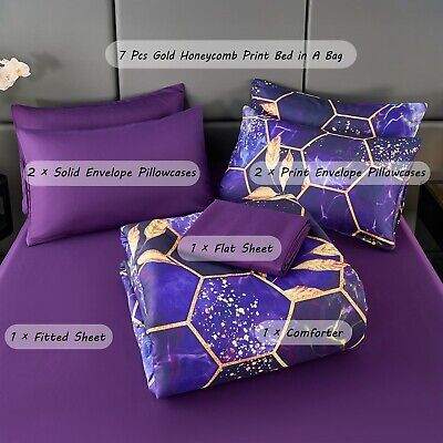 ZRNBAST 7 PC Hexagon Purple Queen Bed in A Bag Women Men Honeycomb Geometric ...