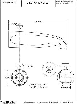 Westbrass D3111-128-1/2 Reach Brass Wall Mount Tub Spout with Rear Diverter, ...