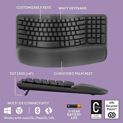 Logitech Wave Keys Wireless Ergonomic Keyboard with Cushioned Palm Rest, Comf...