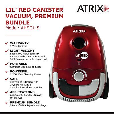 Atrix Red Lil Portable Canister Vacuum w/ 2 Quart HEPA Filter & Variable Spee...