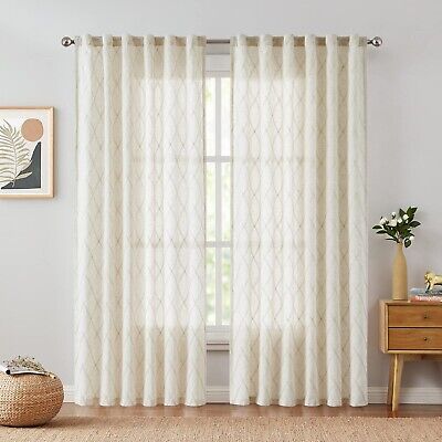 jinchan Beige Linen Curtains for Living Room Diamond Embroidered Back Tab Dra...