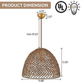 20" Hand Woven Boho Farmhouse Chandelier Brass Adjustable Open Weave Cane Rib...