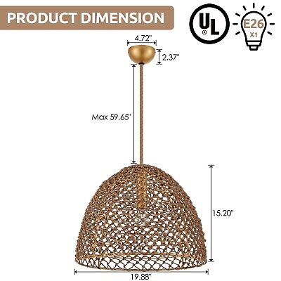 20" Hand Woven Boho Farmhouse Chandelier Brass Adjustable Open Weave Cane Rib...