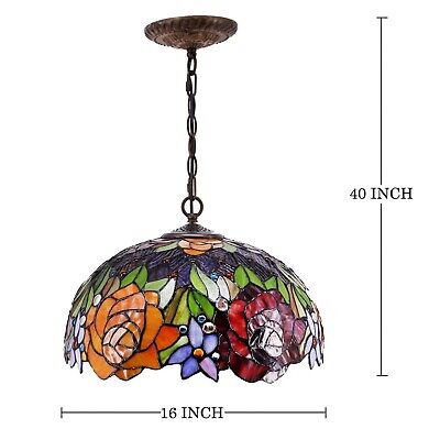 WERFACTORY Tiffany Pendant Light Fixture Red Yellow Rose Stained Glass Hangin...