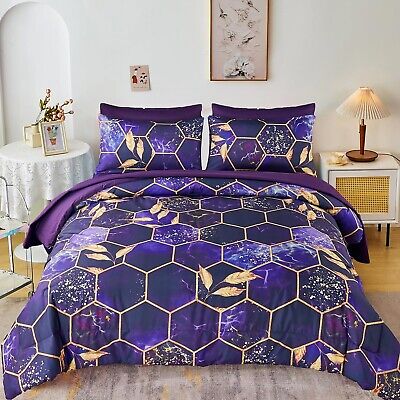 ZRNBAST 7 PC Hexagon Purple Queen Bed in A Bag Women Men Honeycomb Geometric ...