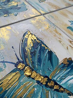 Handmade Blue Butterfly and Flower Wall Art Hand Painted Oil Painting on Canv...