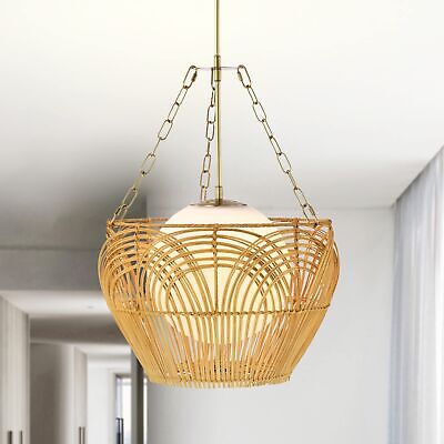 Warehouse of Tiffany Caddie 15 Inch Opaque Glass Shade Rattan Woven Pendant 1...